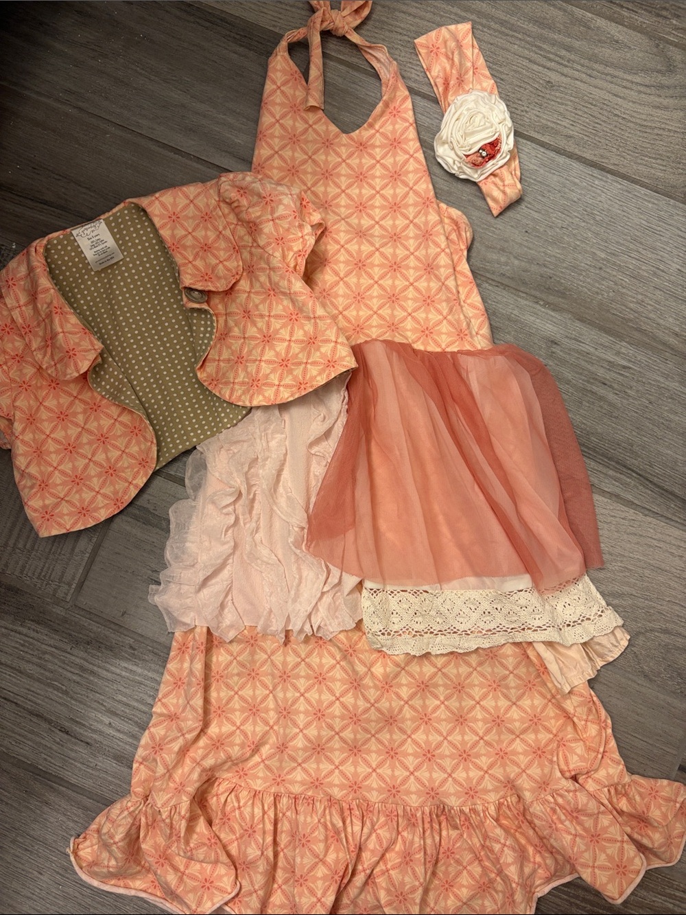 Persnickety Peach Floral Halter Girls Dress with Bolero and Headband